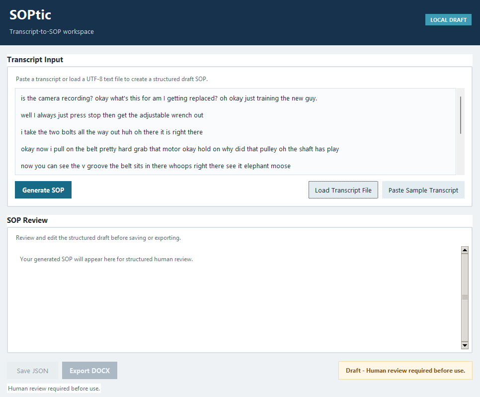 SOPtic dashboard with an empty transcript input and SOP review area.