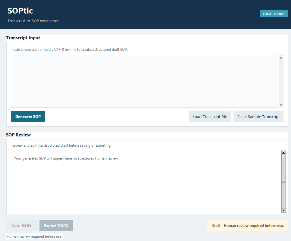 SOPtic dashboard showing a generated structured SOP draft with editable fields.