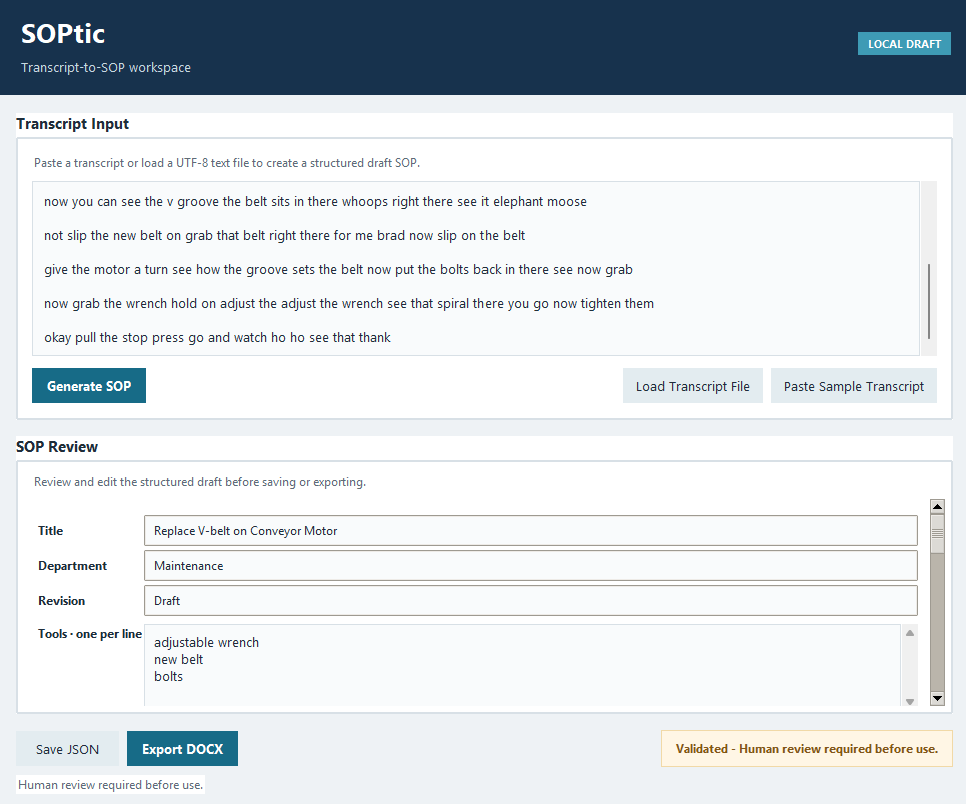 SOPtic dashboard after a DOCX export is completed.